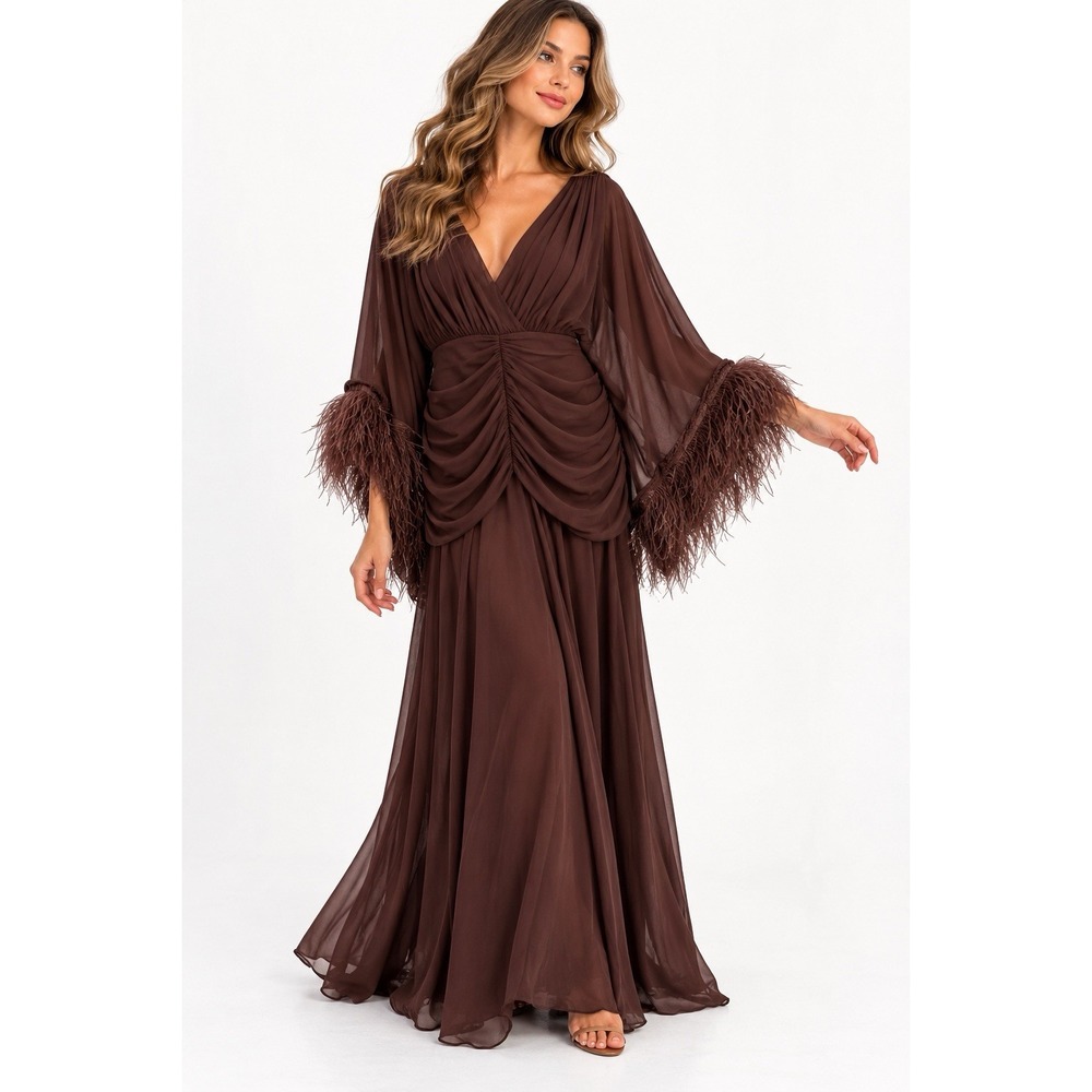 Fashion Nova Luxe DaiseY Feathered Chiffon Maxi Dress 2X Brown Mob Wife Glam NWT